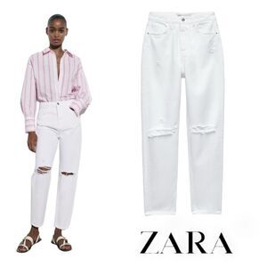 ZARA | White | RIPPED HIGH RISE Z1975 MOM JEANS